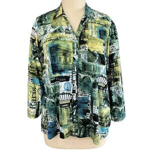 Ali Miles Button Up Tunic Top 2X Parisian Postcard Print Roll Tab Sleeve BOHO